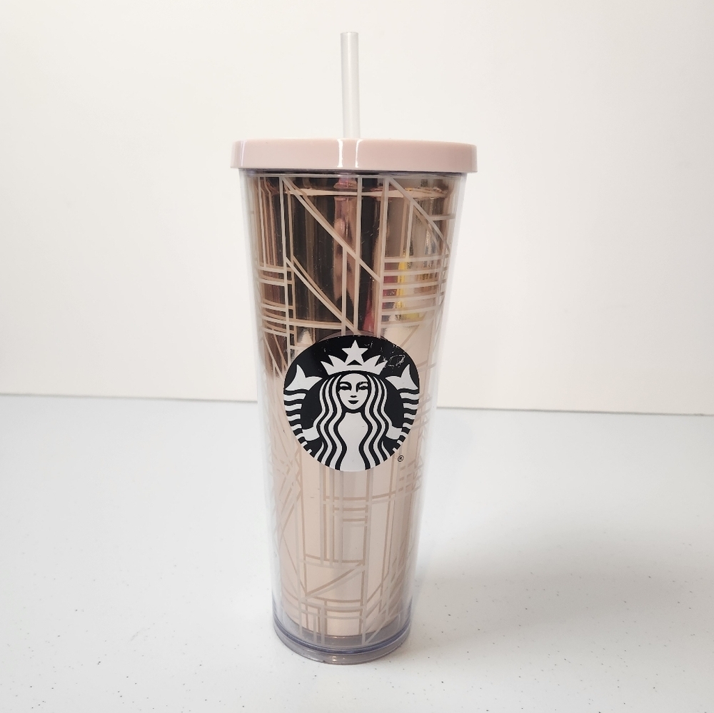 STARBUCKS Venti Cold Cup Tumbler Rose Gold Pink Lid No Straw 2017 Holiday